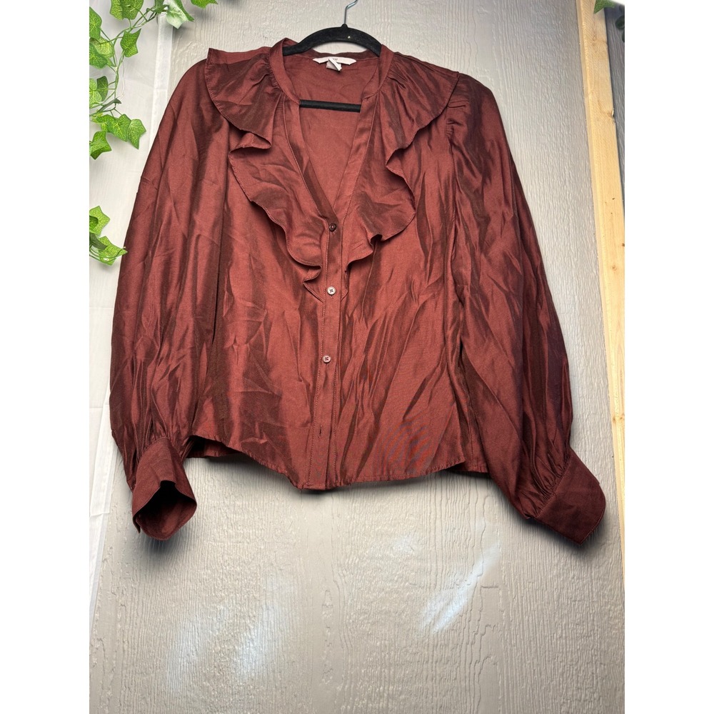 H&M Ruffle V-Neck Blouse Burgundy Mahogany Balloon Sleeve‎ Button Up Top Medium